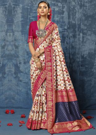 Cream Silk Printed Saree With Blouse