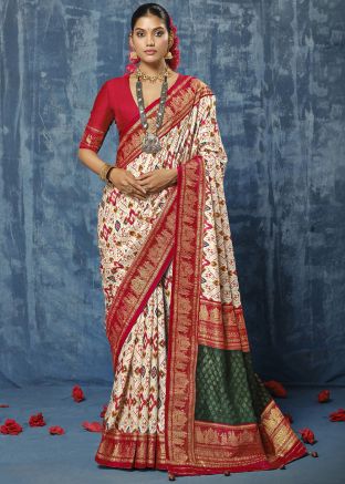 Cream Printed Silk Saree