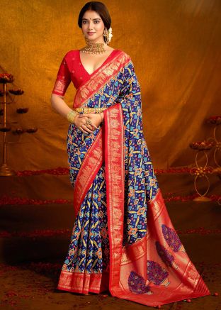 Blue Digital Print Saree In Silk
