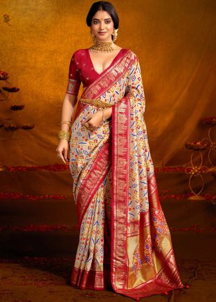 Cream Silk Saree In Digital Print