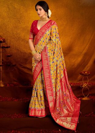 Yellow Digital Print Saree In Silk