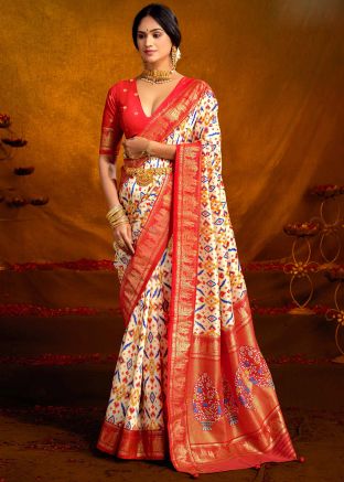 Cream Silk Saree In Digital Print