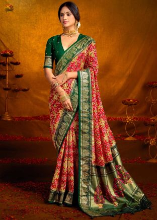 Red Digital Print Saree In Silk