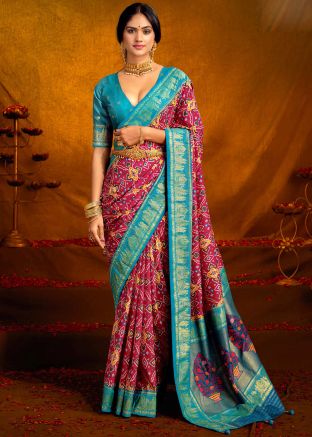 Magenta Digital Print Saree In Silk
