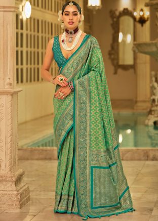 Turquoise Art Silk Woven Saree