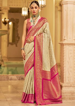 Cream Art Silk Woven Saree