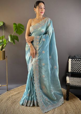 Blue Embroidered Border Tissue Silk Saree