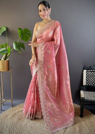 Pink Embroidered Tissue Silk Saree & Blouse