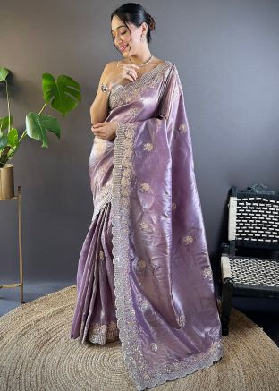 Purple Embroidered Tissue Saree & Blouse