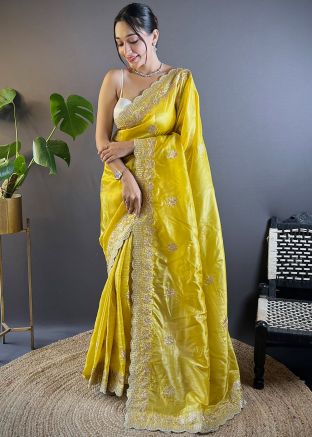 Yellow Embroidered Tissue Saree & Blouse