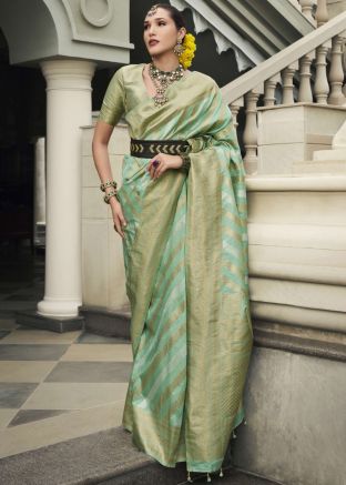 Turquoise Zari Woven Saree In Viscose