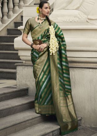 Green Viscose Zari Woven Saree With Blouse