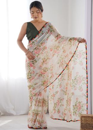 Off White Floral Print Saree In Georgette