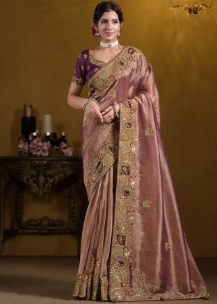 Dual Tone Wine Embroidered Saree In Organza