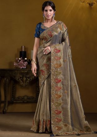 Dual Tone Blue Embroidered Border Organza saree
