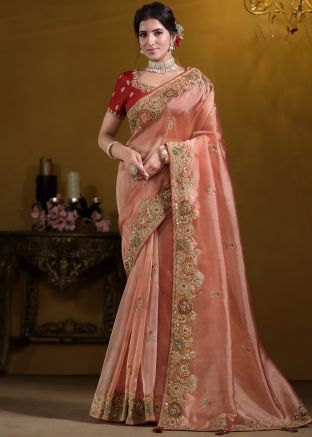 Orange Tissue Silk Embroidered Saree