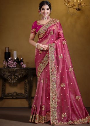 Pink Organza Zari Embroidered Saree