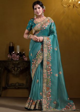Blue Embroidered Border Tissue Saree