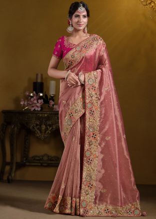 Peach Embroidered Border Organza Saree & Blouse