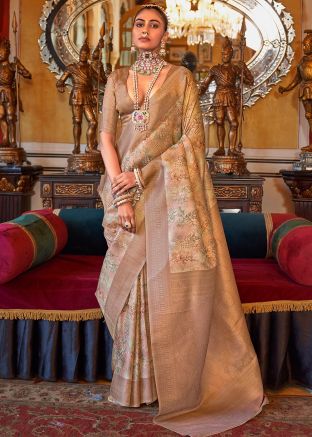 Beige Tussar Silk Saree In Zari Woven Work