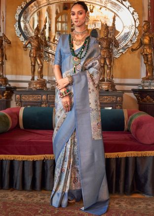 Blue Zari Woven Saree In Tussar Silk