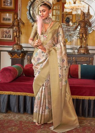 Golden Tussar Silk Saree In Printed