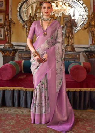 Purple Printed Saree In Tussar Silk
