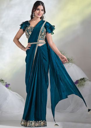 Blue Embroidered Satin Saree