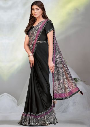 Black Digital Print Saree In Crape