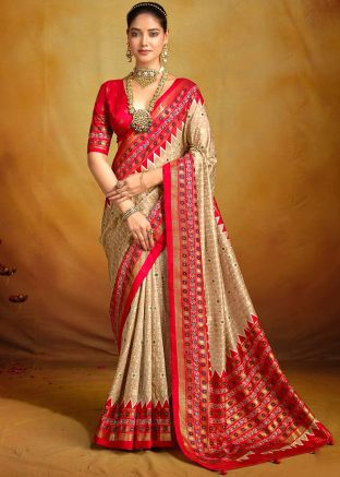 Beige Zari Woven Tussar Silk Saree
