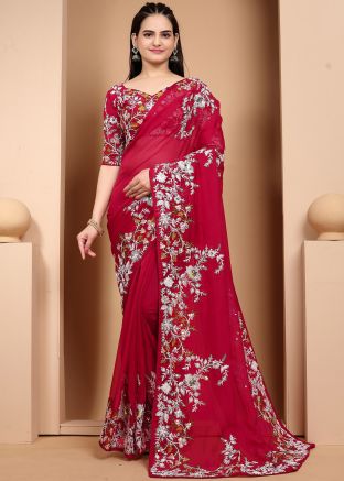 Red Embroidered Border Organza Saree