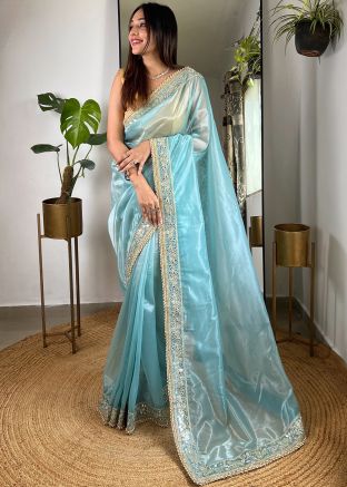 Blue Embroidered Saree In Tissue Silk