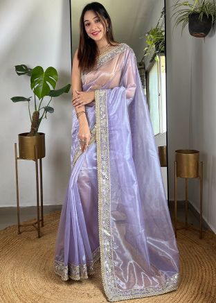 Purple Embroidered Tissue Silk Saree