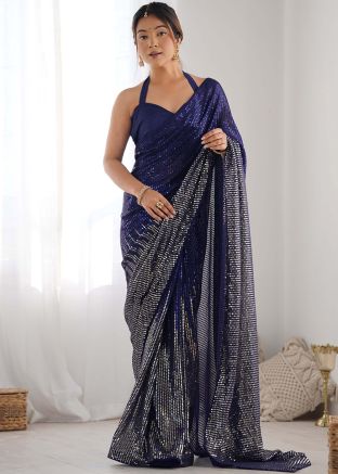 Blue Sequins Work Georgette Saree