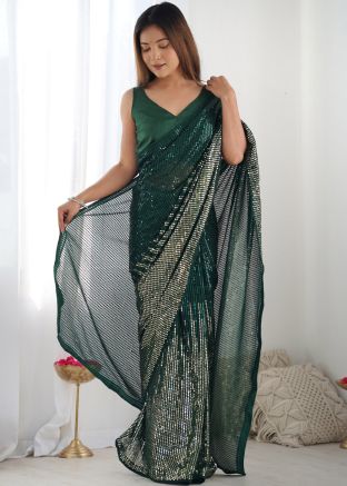 Green Sequinned Georgette Saree With Blouse