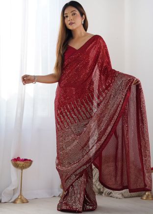 Sequinned Georgette Saree In Red