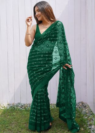 Green Embroidered Net Saree