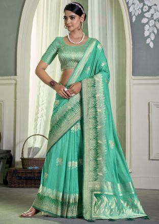 Green Zari Woven Saree In Crape