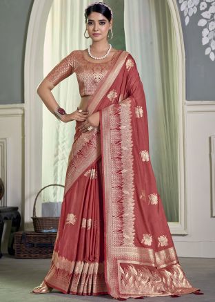 Red Crape Saree In Zari Woven Work
