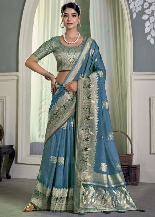 Blue Zari Woven Saree In Crape