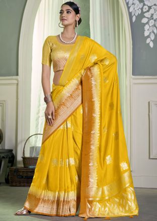 Yellow Crape Saree In Zari Woven Work