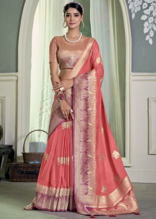 Peach Crape Saree In Zari Woven Work