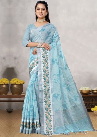 Blue Embroidered Saree In Linen