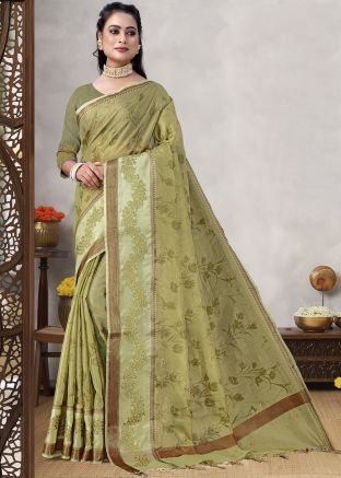 Green Embroidered Saree In Silk