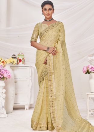 Golden Gotta Patti Work Saree In Linen