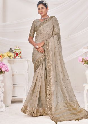 Grey Embroidered Saree In Linen