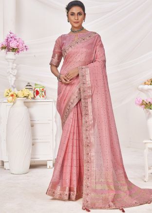 Pink Embroidered Linen Saree