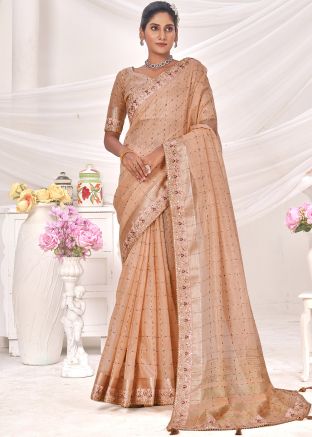 Peach Embroidered Saree In Linen
