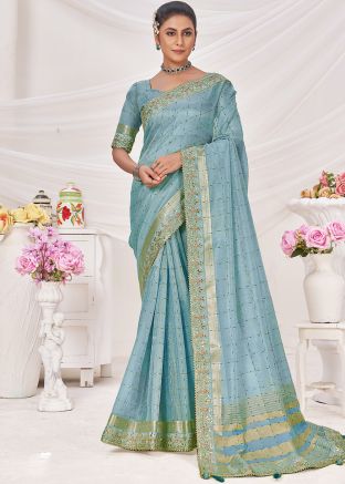 Blue Embroidered Saree In Linen