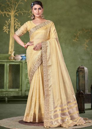 Yellow Zari Embroidered Saree In Linen